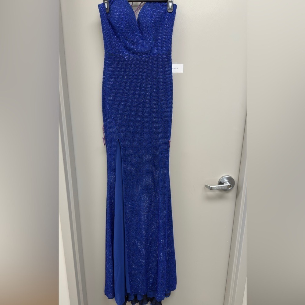 Royal Blue Rhinestone Formal Gown Strapless Side Slit Evening Dress